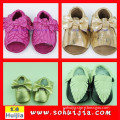 Small MOQ promotional made in china colorful tassels sandals and bow cow leather hot baby shoes
